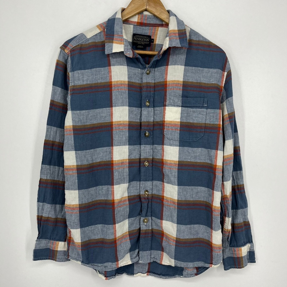 Pendleton Mens Blue Orange Plaid Linen Rayon Button Down‎ Shirt Size M